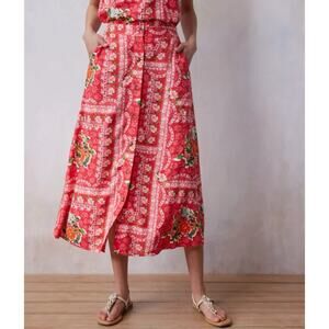LC Lauren Conrad Button Front Linen Blend Floral Midi Skirt 2X Dark Pink Beachy